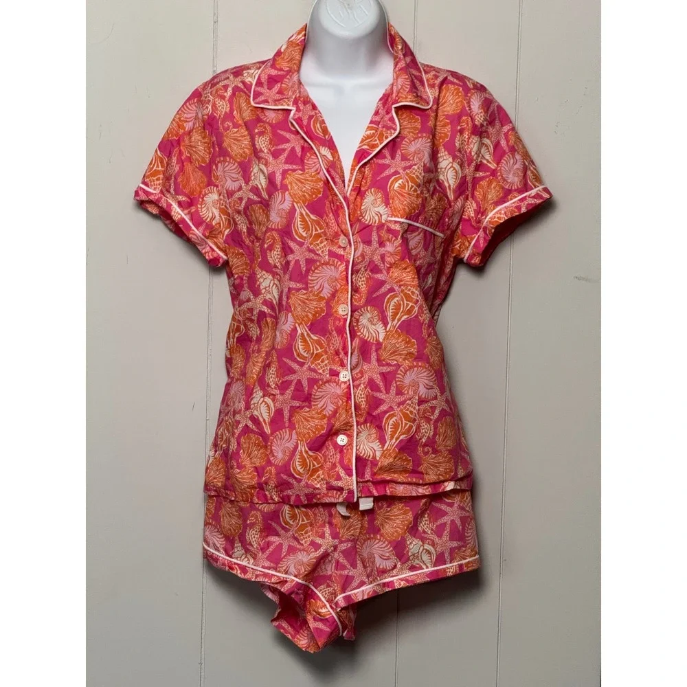 J.Crew Women Pink Orange Shell Starfish Cotton Pajama Set Short Sleeve Sz Medium